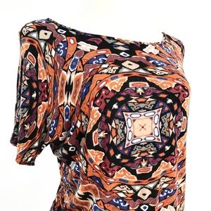 Soft Loose Fit Dolman Short Sleeve Aztec Print Top